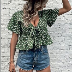 Green Floral Tie Front Blouse